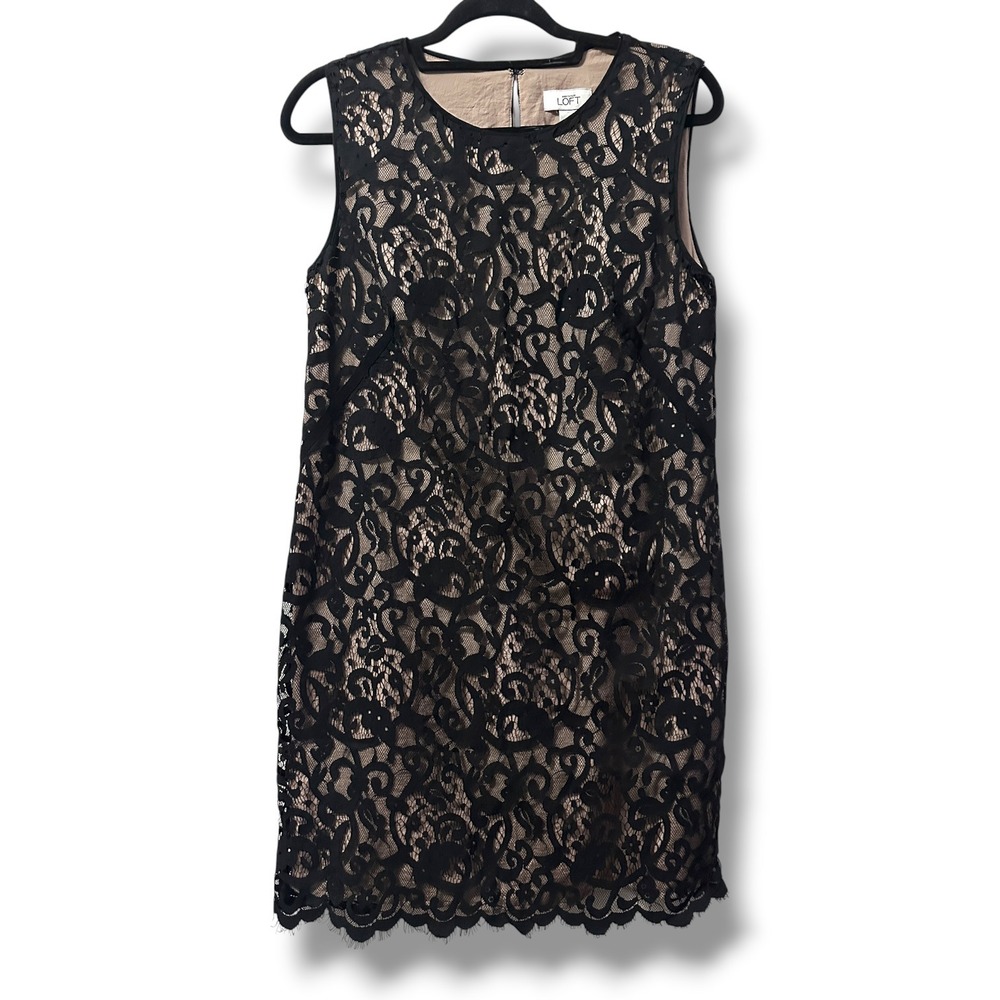 Ann Taylor LOFT Lace Sleeveless Shift Dress Black Tan Floral 10 Cocktail LBD